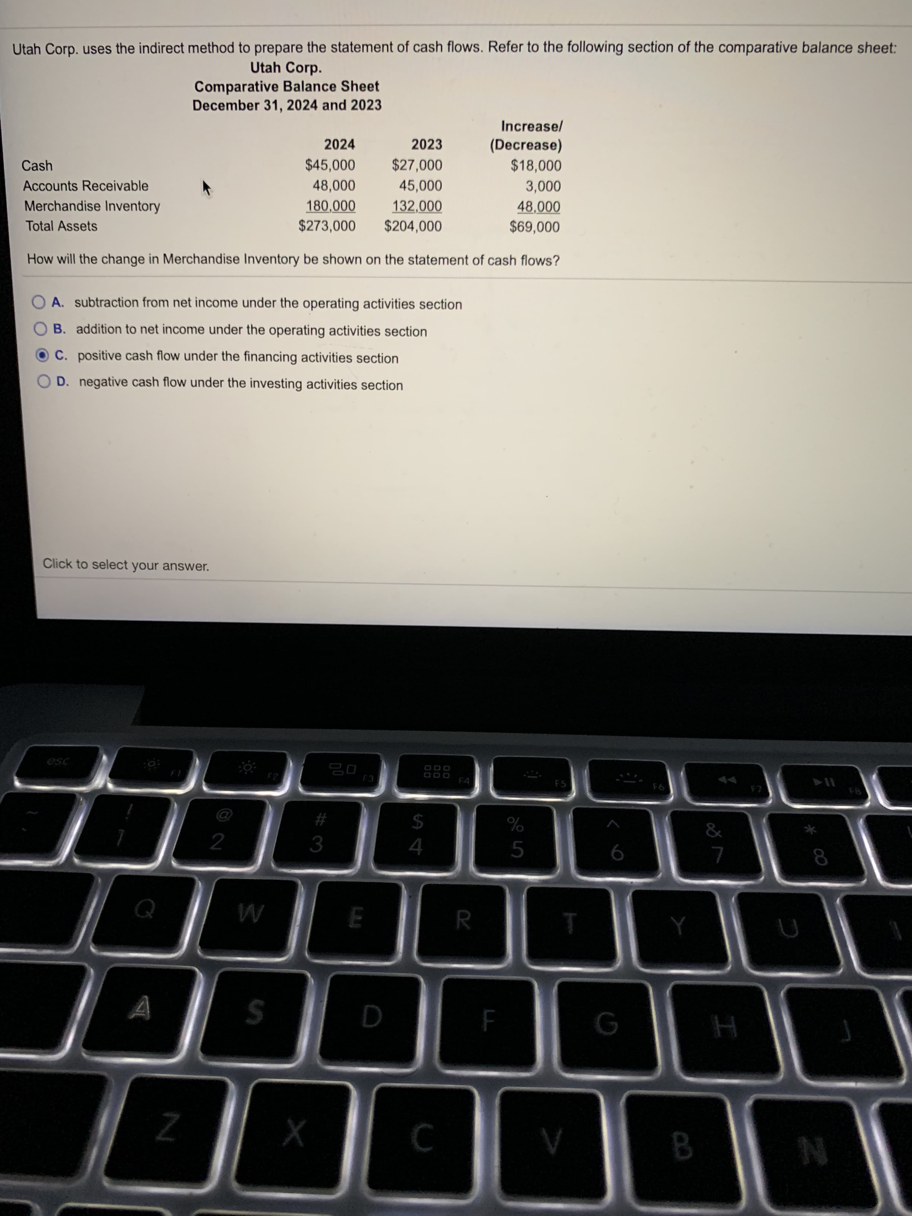 Utah Corp. uses the indirect method to prepare the statement of cash flows. Refer to the following section of the comparative balance sheet:
Utah Corp.
Comparative Balance Sheet
December 31, 2024 and 2023
