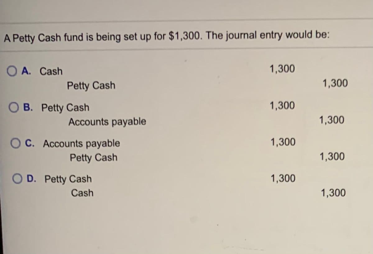 A Petty Cash fund is being set up for $1,300. The journal entry would be:
O A. Cash
1,300
Petty Cash
1,300
B. Petty Cash
1,300
Accounts payable
1,300
O C. Accounts payable
Petty Cash
1,300
1,300
O D. Petty Cash
1,300
Cash
1,300
