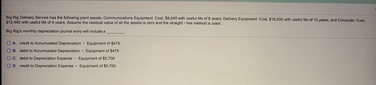 Big Rig Delivery Service has the following plant assets: Communications Equipment: Cost, $8,640 with useful life of 8 years; Delivery Equipment: Cost, $18,000 with useful life of 12 years; and Computer: Cost,
$12,480 with useful life of 4 years. Assume the residual value of all the assets is zero and the straight- line method is used.
Big Rig's monthly depreciation journal entry will include a
O A. credit to Accumulated Depreciation - Equipment of $475
B. debit to Accumulated Depreciation - Equipment of $475
OC. debit to Depreciation Expense
Equipment of $5,700
OD. credit to Depreciation Expense
Equipment of $5,700
