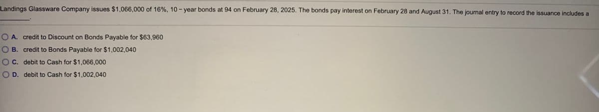 Landings Glassware Company issues $1,066,000 of 16%, 10 – year bonds at 94 on February 28, 2025. The bonds pay interest on February 28 and August 31. The journal entry to record the issuance includes a
O A. credit to Discount on Bonds Payable for $63,960
O B. credit to Bonds Payable for $1,002,040
O C. debit to Cash for $1,066,000
O D. debit to Cash for $1,002,040
