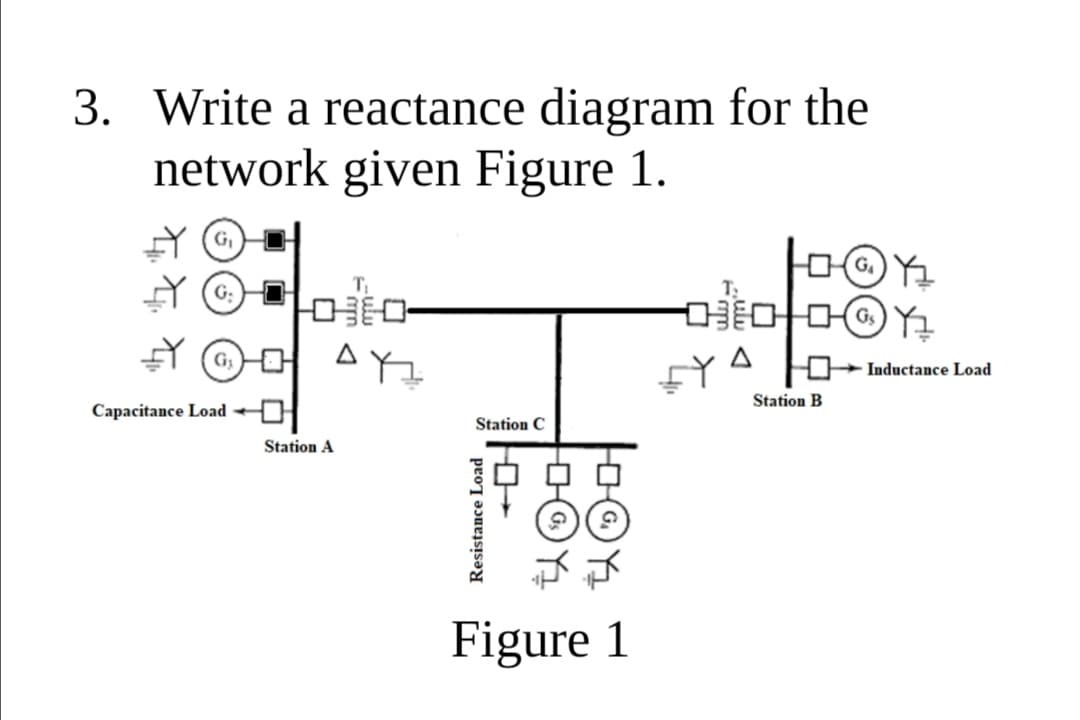 3. Write a reactance diagram for the
network given Figure 1.
G.
Inductance Load
Station B
Capacitance Load +
Station C
Station A
Figure 1
Resistance Load
