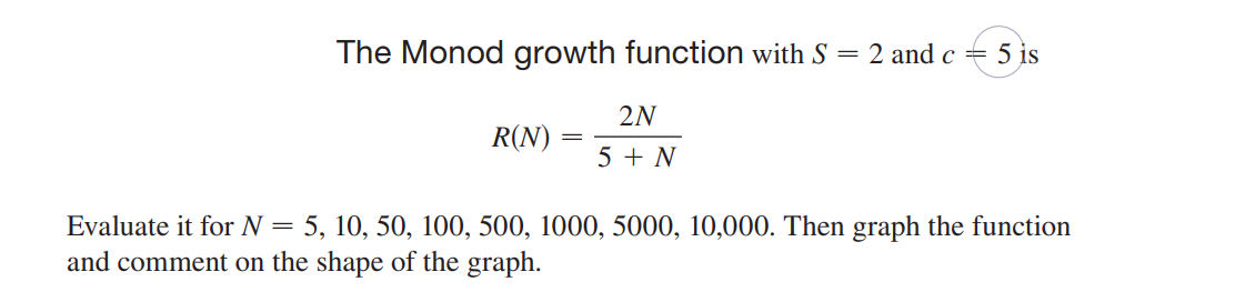 The Monod growth function with S
= 2 and c = 5 is
2N
R(N)
5 + N
Evaluate it for N = 5, 10, 50, 100, 500, 1000, 5000, 10,000. Then graph the function
and comment on the shape of the graph.
