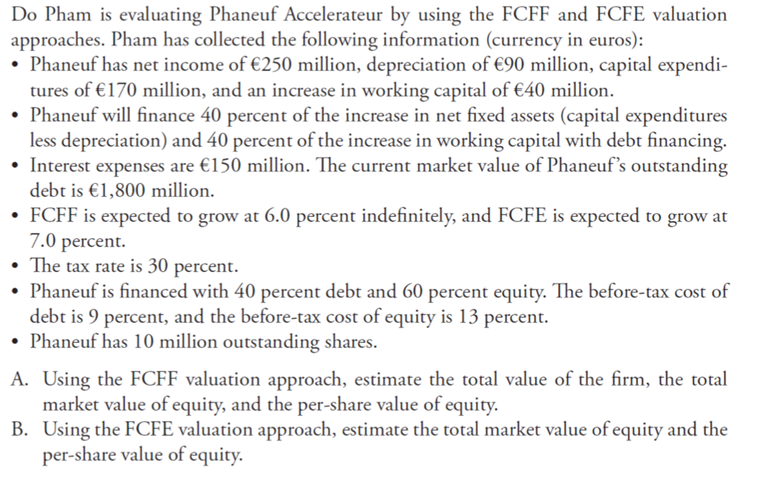 Do Pham is evaluating Phaneuf Accelerateur by using the FCFF and FCFE valuation
approaches. Pham has collected the following information (currency in euros):
Phaneuf has net income of €250 million, depreciation of €90 million, capital expendi-
tures of €170 million, and an increase in working capital of €40 million.
Phaneuf will finance 40 percent of the increase in net fixed assets (capital expenditures
less depreciation) and 40 percent of the increase in working capital with debt financing.
Interest expenses are €150 million. The current market value of Phaneuf's outstanding
debt is €1,800 million.
FCFF is expected to grow at 6.0 percent indefinitely, and FCFE is expected to grow at
7.0 percent.
• The tax rate is 30 percent.
Phaneuf is financed with 40 percent debt and 60 percent equity. The before-tax cost of
debt is 9 percent, and the before-tax cost of equity is 13 percent.
Phaneuf has 10 million outstanding shares.
A. Using the FCFF valuation approach, estimate the total value of the firm, the total
market value of equity, and the per-share value of equity.
B. Using the FCFE valuation approach, estimate the total market value of equity and the
per-share value of equity.
