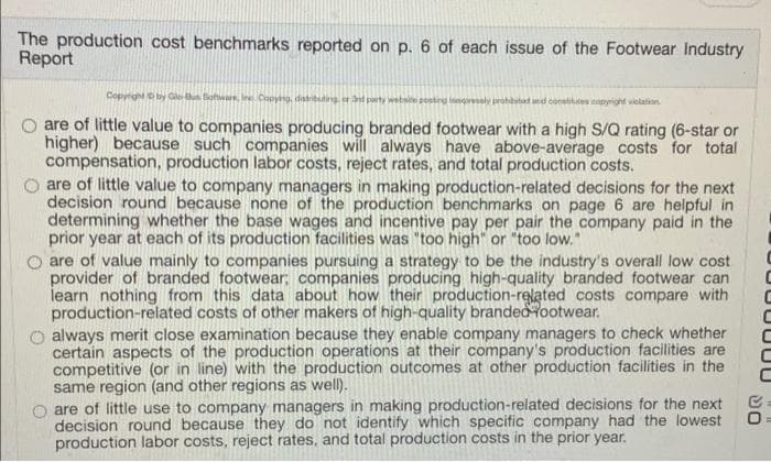 The production cost benchmarks reported on p. 6 of each issue of the Footwear Industry
Report
Copyrighby Glo-tn aftware, Ine Copying, datributing or nt party website sostirg longly prohutad nd
opight violation.
are of little value to companies producing branded footwear with a high S/Q rating (6-star or
higher) because such companies will always have above-average costs for total
compensation, production labor costs, reject rates, and total production costs.
are of little value to company managers in making production-related decisions for the next
decision round because none of the production benchmarks on page 6 are helpful in
determining whether the base wages and incentive pay per pair the company paid in the
prior year at each of its production facilities was "too high" or "too low."
are of value mainly to companies pursuing a strategy to be the industry's overall low cost
provider of branded footwear; companies producing high-quality branded footwear can
learn nothing from this data about how their production-related costs compare with
production-related costs of other makers of high-quality brandedootwear.
always merit close examination because they enable company managers to check whether
certain aspects of the production operations at their company's production facilities are
competitive (or in line) with the production outcomes at other production facilities in the
same region (and other regions as well).
are of little use to company managers in making production-related decisions for the next
decision round because they do not identify which specific company had the lowest
production labor costs, reject rates, and total production costs in the prior year.
J0000UU
