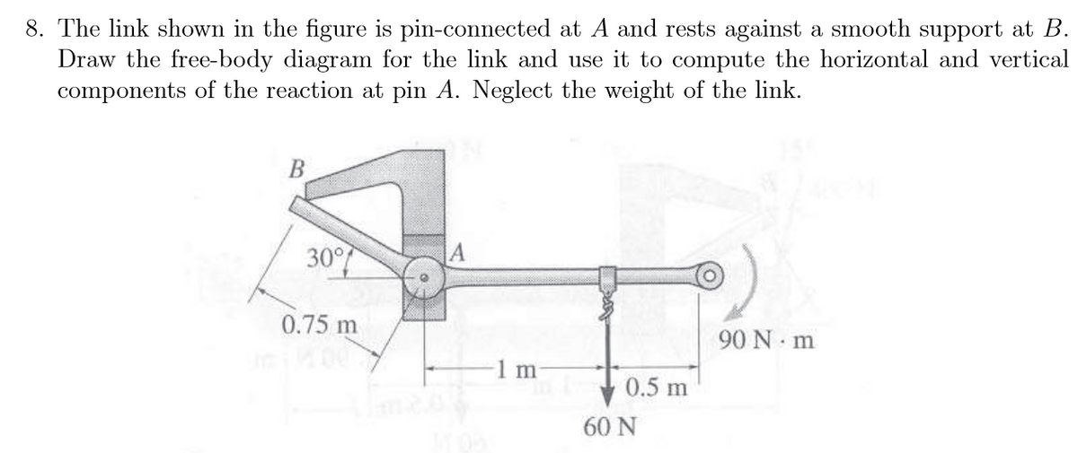 8. The link shown in the figure is pin-connected at A and rests against a smooth support at B.
Draw the free-body diagram for the link and use it to compute the horizontal and vertical
components of the reaction at pin A. Neglect the weight of the link.
В
30
0.75 m
90 N· m
0.5 m
60 N
