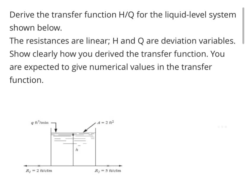 Derive the transfer function H/Q for the liquid-level system
shown below.
The resistances are linear; H and Q are deviation variables.
Show clearly how you derived the transfer function. You
are expected to give numerical values in the transfer
function.
q ft³/min
A-20²
R₁ = 2 ft/cfm
R₂ = 5 ft/cfm