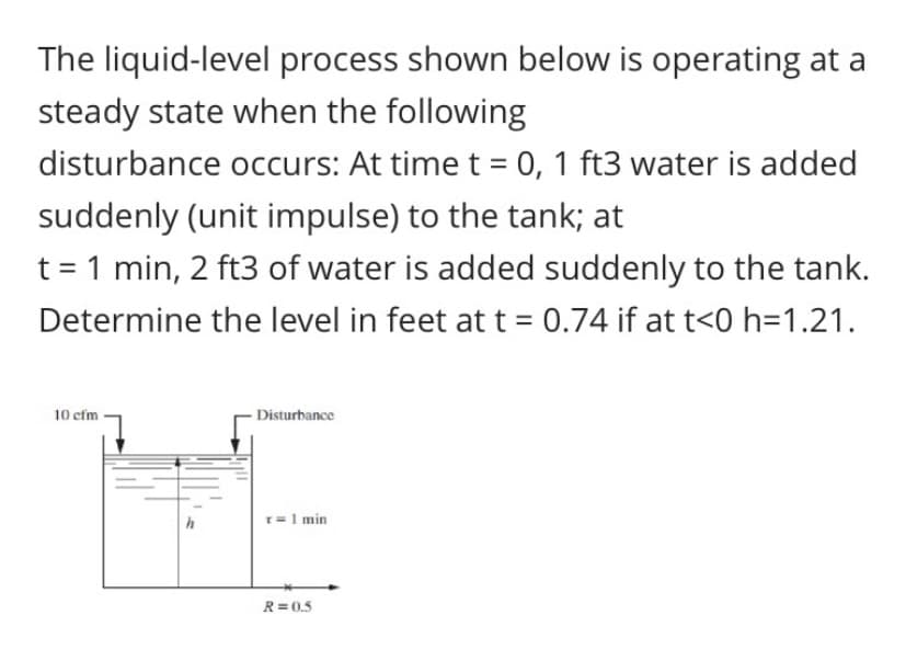 The liquid-level process shown below is operating at a
steady state when the following
disturbance occurs: At time t = 0, 1 ft3 water is added
suddenly (unit impulse) to the tank; at
t = 1 min, 2 ft3 of water is added suddenly to the tank.
Determine the level in feet at t = 0.74 if at t<0 h=1.21.
10 cfm
- Disturbance
r = 1 min
R=0.5