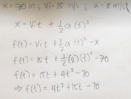 X=70 m; Vi- 1s ms; a= 8 ms
X - Vit + ļa lt)
f(1) = Vit +a (+)* -x
f(4)= 15t +0)° -70
fH)= 15t +4t?-70
> f(t) = 4t?+157-70
%3D
