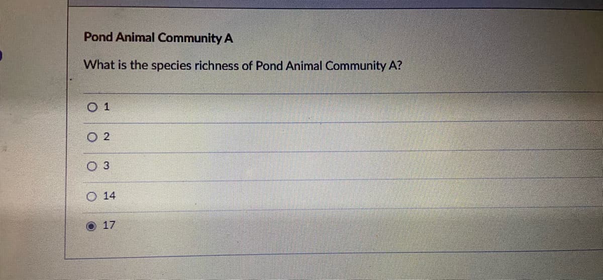 Pond Animal Community A
What is the species richness of Pond Animal Community A?
01
O 2
03
14
O 17