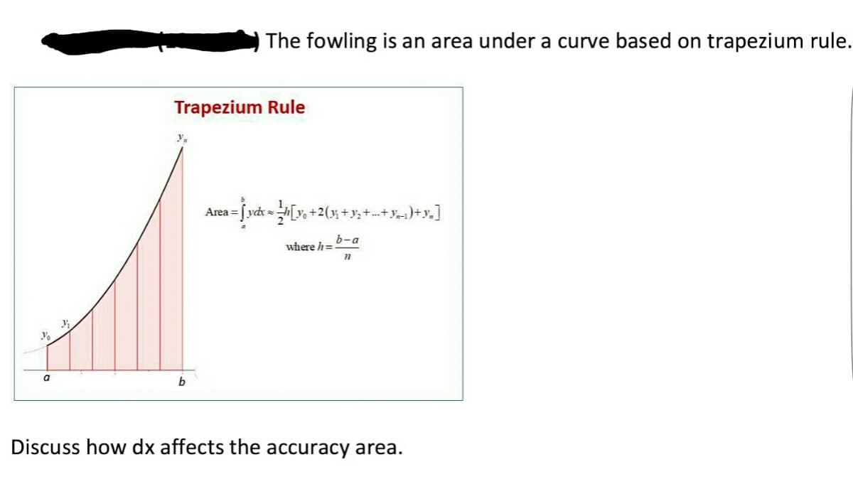 The fowling is an area under a curve based on trapezium rule.
Trapezium Rule
Area
a=[yd[y, +2(x+y, +)+y.]
b-a
where h=
a
b
Discuss how dx affects the accuracy area.
