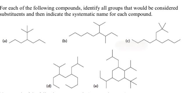 For each of the following compounds, identify all groups that would be considered
substituents and then indicate the systematic name for each compound.
(a)
(b)
(d)
(e)
