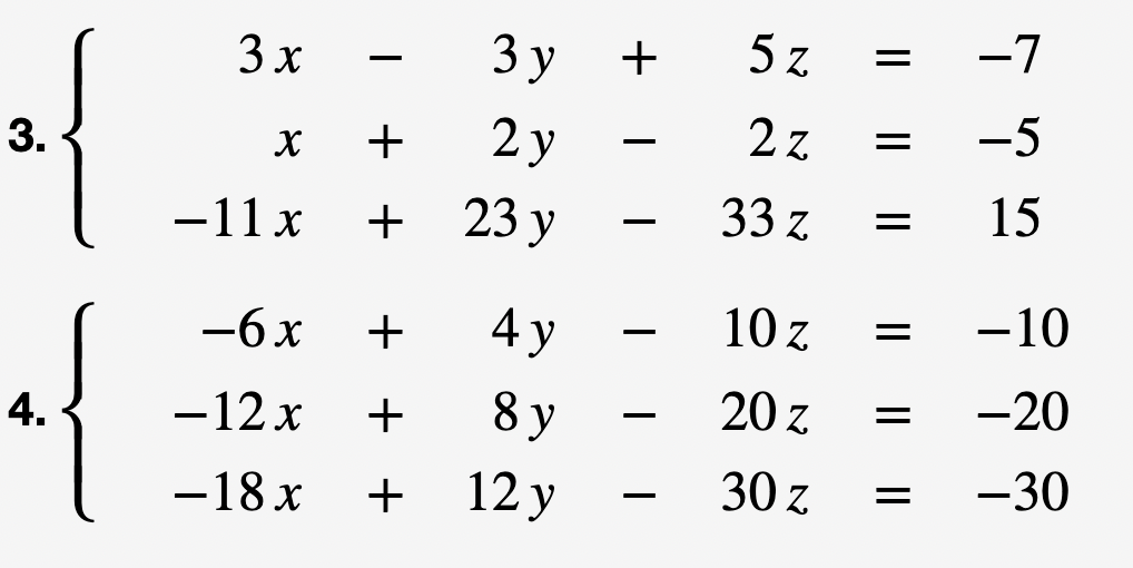 {
3.
4.
3 x
X
-11x
-6x
-12 х
-18 х
-
+
+
+
+
+
Зу
2 у
23 у
4 у
8у
12 у
+
-
-
-
-
5 z
2 z
33 z
10z
20 z
30 z
=
=
=
=
-7
-5
15
-10
-20
-30