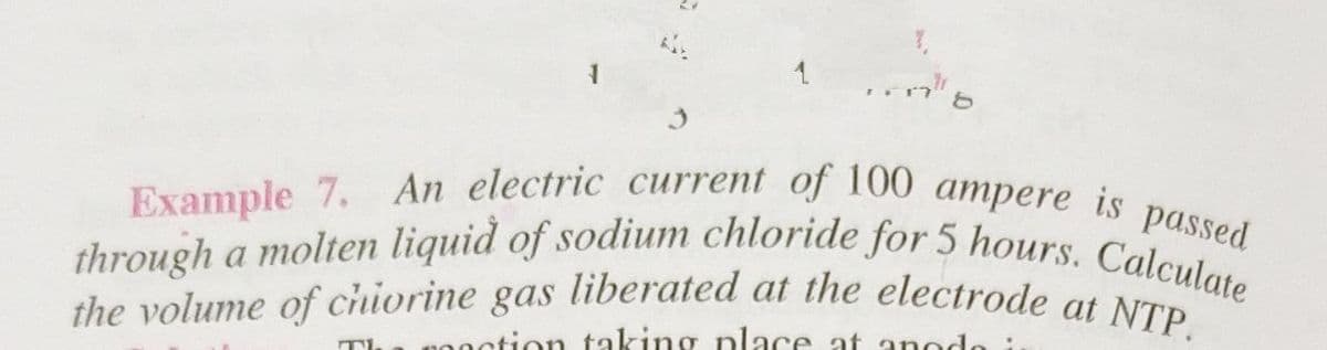 Example 7. An electric current of 100 ampere is passed
the volume of chiorine gas liberated at the electrode at NTP.
through a molten liquid of sodium chloride for 5 hours. Calculate
TI
tion taking place at anodo