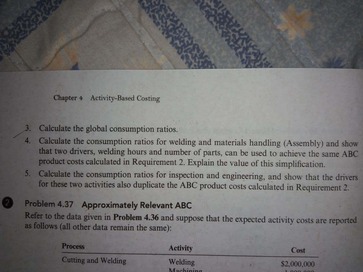 Chapter 4 Activity-Based Costing
3. Calculate the global consumption ratios.
4. Calculate the consumption ratios for welding and materials handling (Assembly) and show
that two drivers, welding hours and number of parts, can be used to achieve the same ABC
product costs calculated in Requirement 2. Explain the value of this simplification.
5. Calculate the consumption ratios for inspection and engineering, and show that the drivers
for these two activities also duplicate the ABC product costs calculated in Requirement 2.
Problem 4.37 Approximately Relevant ABC
Refer to the data given in Problem 4.36 and suppose that the expected activity costs are reported
as follows (all other data remain the same):
2
Process
Activity
Cost
Cutting and Welding
Welding
$2,000,000
Machining

