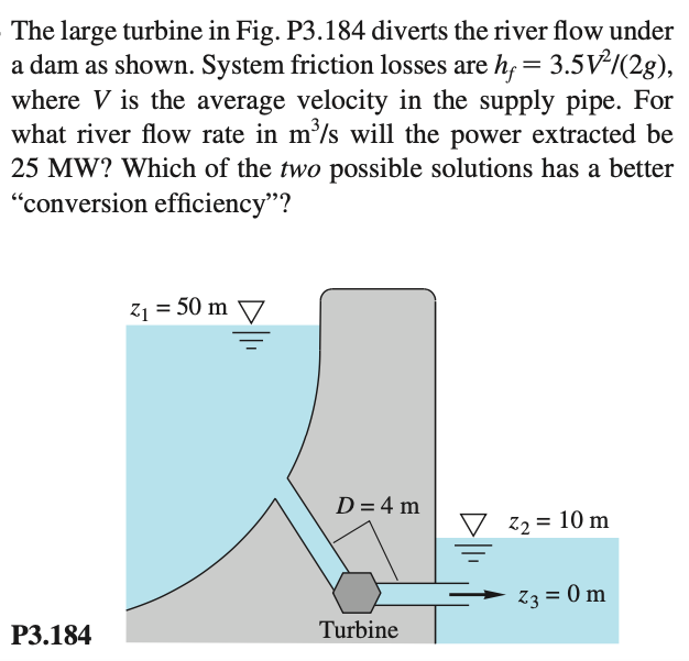 The large turbine in Fig. P3.184 diverts the river flow under
a dam as shown. System friction losses are h, = 3.5V²/(2g),
where V is the average velocity in the supply pipe. For
what river flow rate in m'/s will the power extracted be
25 MW? Which of the two possible solutions has a better
"conversion efficiency"?
