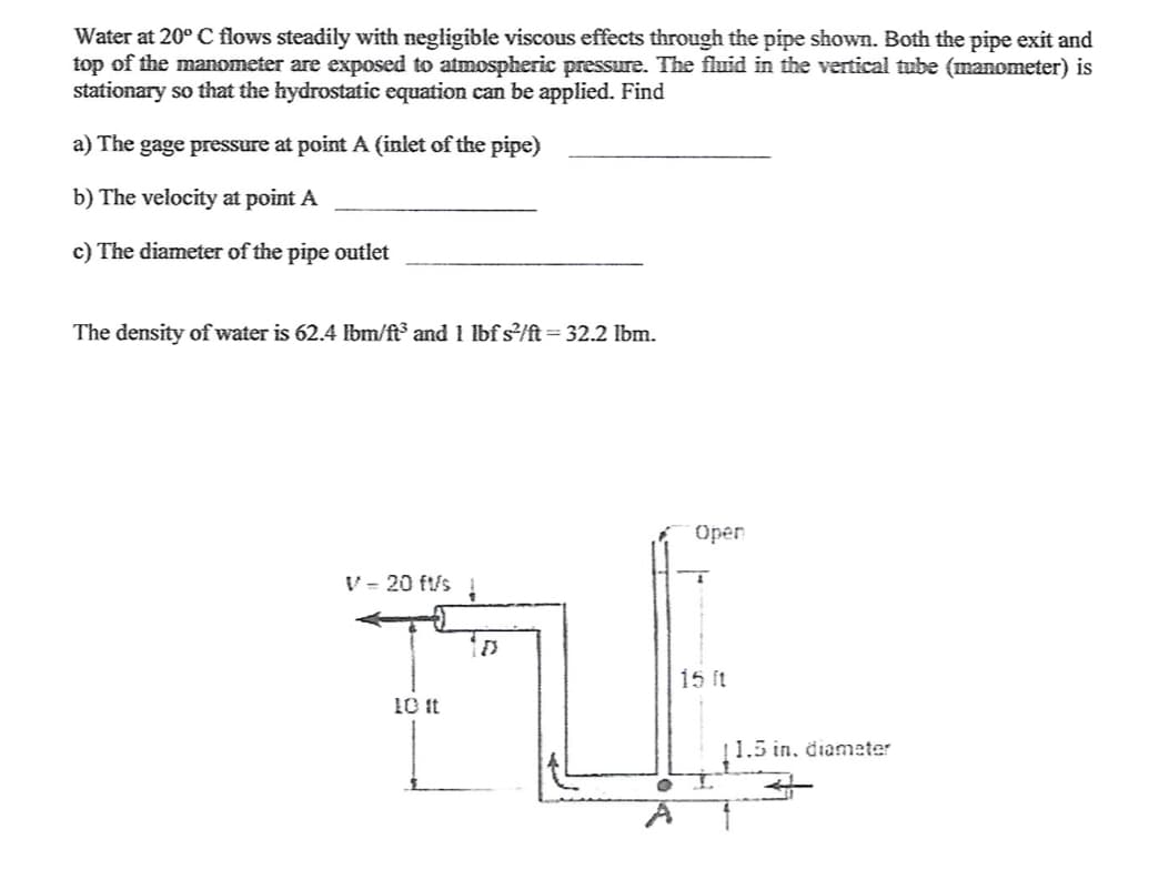 Water at 20° C flows steadily with negligible viscous effects through the pipe shown. Both the pipe exit and
top of the manometer are exposed to atmospheric pressure. The fluid in the vertical tube (manometer) is
stationary so that the hydrostatic equation can be applied. Find
a) The gage pressure at point A (inlet of the pipe)
b) The velocity at point A
c) The diameter of the pipe outlet
