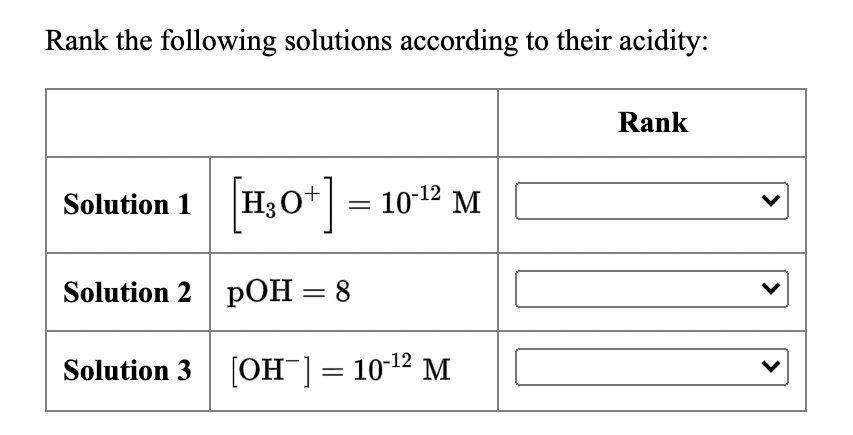 Rank the following solutions according to their acidity:
Rank
Solution 1 H3 O|
30+ = 1012 M
Solution 2 pOH = 8
%3D
Solution 3 [OH¯] = 10-12 M
