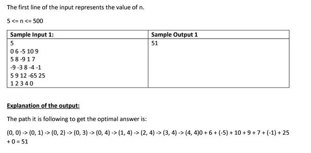 The first line of the input represents the value of n.
5 <= n <= 500
Sample Input 1:
5
06-5 109
58-917
-9-38-4-1
59 12-65 25
12340
Sample Output 1
51
Explanation of the output:
The path it is following to get the optimal answer is:
(0, 0)-> (0, 1)-> (0, 2)-> (0, 3)-> (0, 4)-> (1, 4)-> (2, 4)-> (3, 4)-> (4, 4)0+ 6+ (-5)+ 10 +9+7+ (-1) + 25
+0=51