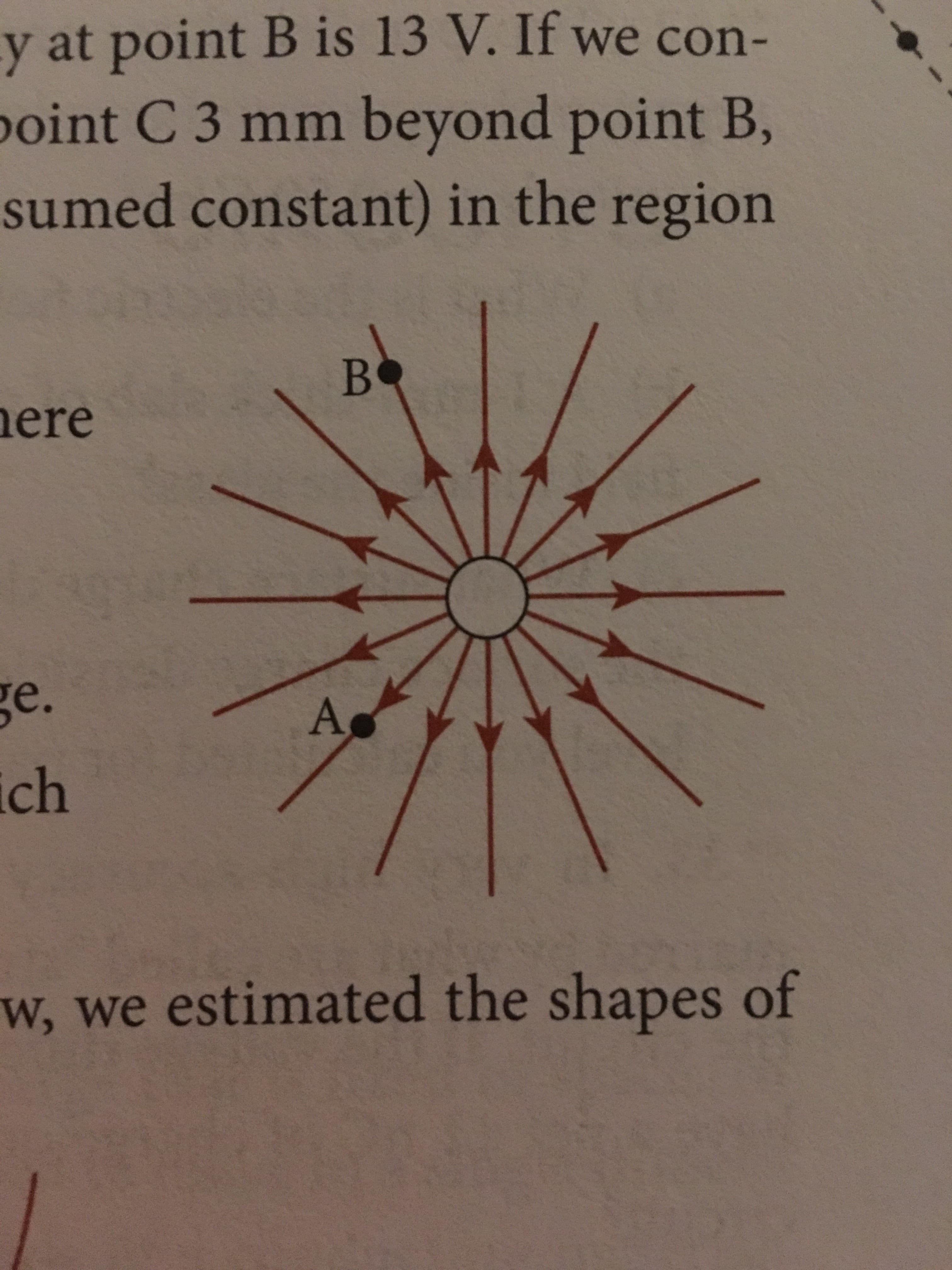 y at point B is 13 V. If we con-
point C 3 mm beyond point B,
sumed constant) in the region
ere
e.
ich
w, we estimated the shapes of
