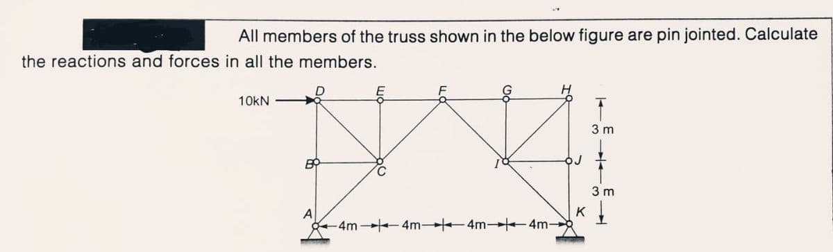 All members of the truss shown in the below figure are pin jointed. Calculate
the reactions and forces in all the members.
10kN
3 m
3 m
A
4m 4m 4m- 4m
