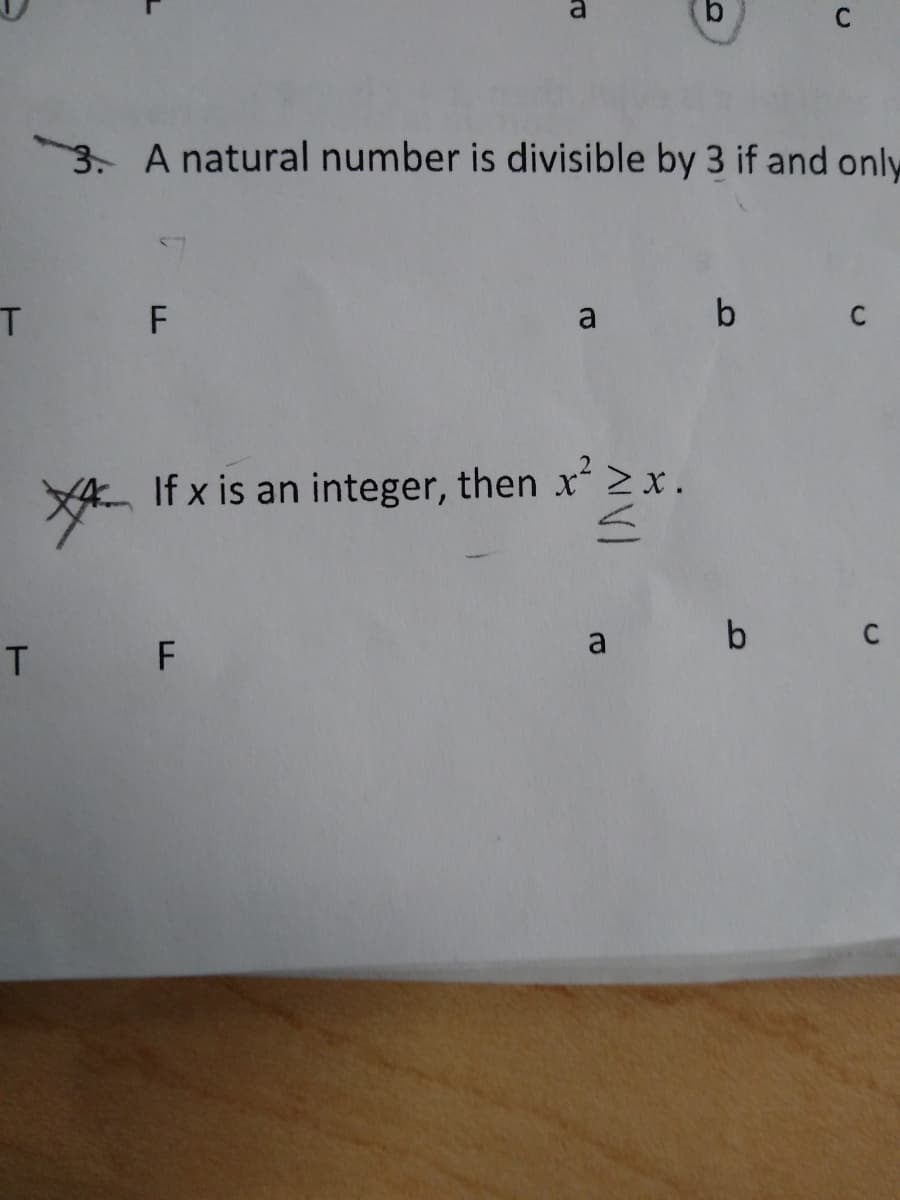 C
3. A natural number is divisible by 3 if and only
T F
a b
C
YA If x is an integer, then x>x.
T F
b c
a
