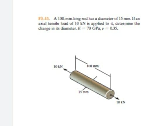F3-13. A 100-mm-long rod has a diameter of 15 mm. If an
axial tensile load of 10 kN is applied to it, determine the
change in its diameter. E = 70 GPa, y = 0.35.
10 kN
i0 mm
15 mm
10 KN
