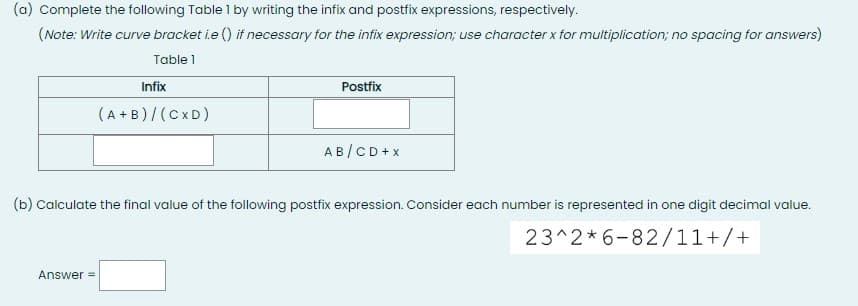 (a) Complete the following Table 1 by writing the infix and postfix expressions, respectively.
(Note: Write curve bracket i.e() if necessary for the infix expression; use character x for multiplication; no spacing for answers)
Table 1
Infix
Postfix
(A+B) / (CXD)
AB/CD+X
(b) Calculate the final value of the following postfix expression. Consider each number is represented in one digit decimal value.
23^2*6-82/11+/+
Answer =