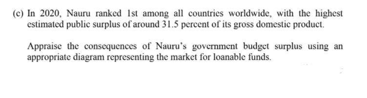 (c) In 2020, Nauru ranked 1st among all countries worldwide, with the highest
estimated public surplus of around 31.5 percent of its gross domestic product.
Appraise the consequences of Nauru's government budget surplus using an
appropriate diagram representing the market for loanable funds.
