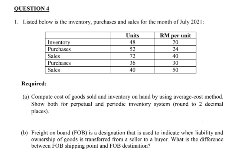 QUESTION 4
1. Listed below is the inventory, purchases and sales for the month of July 2021:
RM per unit
20
Units
48
Inventory
Purchases
52
24
Sales
72
40
Purchases
Sales
36
30
40
50
Required:
(a) Compute cost of goods sold and inventory on hand by using average-cost method.
Show both for perpetual and periodic inventory system (round to 2 decimal
places).
(b) Freight on board (FOB) is a designation that is used to indicate when liability and
owncrship of goods is transferred from a scller to a buyer. What is the difference
between FOB shipping point and FOB destination?
