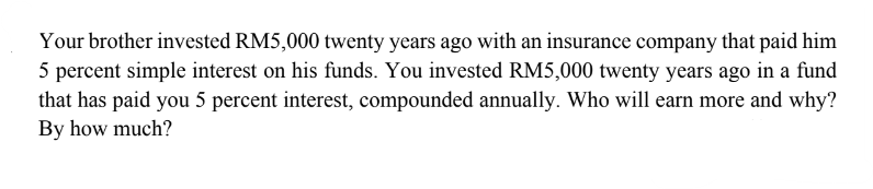 Your brother invested RM5,000 twenty years ago with an insurance company that paid him
5 percent simple interest on his funds. You invested RM5,000 twenty years ago in a fund
that has paid you 5 percent interest, compounded annually. Who will earn more and why?
By how much?