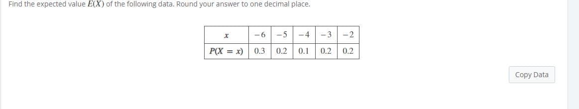 Find the expected value E(X) of the following data. Round your answer to one decimal place.
-6
-5
-4
-3
- 2
P(X
0.3
0.2
0.1
0.2
0.2
Copy Data
