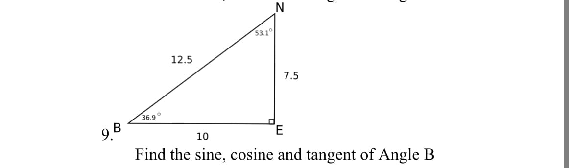 53.1°
12.5
7.5
36.9°
9.8
Find the sine, cosine and tangent of Angle B
10
