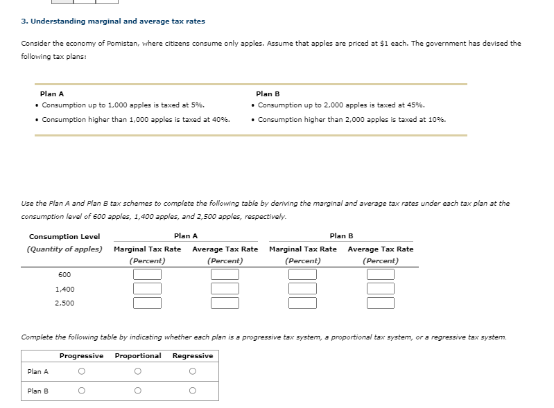 3. Understanding marginal and average tax rates
Consider the economy of Pomistan, where citizens consume only apples. Assume that apples are priced at $1 each. The government has devised the
following tax plans:
Plan A
Plan B
• Consumption up to 1,000 apples is taxed at 5%.
• Consumption up to 2,000 apples is taxed at 45%.
• Consumption higher than 1,000 apples is taxed at 40%.
• Consumption higher than 2,000 apples is taxed at 10%.
Use the Plan A and Plan B tax schemes to complete the following table by deriving the marginal and average tax rates under each tax plan at the
consumption level of 600 apples, 1,400 apples, and 2,500 apples, respectively.
Consumption Level
Plan A
Plan B
(Quantity of apples) Marginal Tax Rate
Average Tax Rate
Marginal Tax Rate
Average Tax Rate
(Percent)
(Percent)
(Percent)
(Percent)
600
1,400
2,500
Complete the following table by indicating whether each plan is a progressive tax system, a proportional tax system, or a regressive tax system.
Progressive
Proportional
Regressive
Plan A
Plan B
