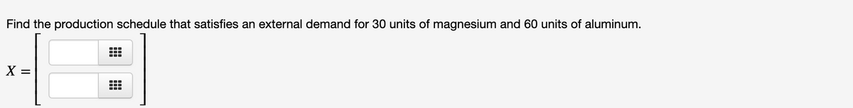 Find the production schedule that satisfies an external demand for 30 units of magnesium and 60 units of aluminum.
X =
