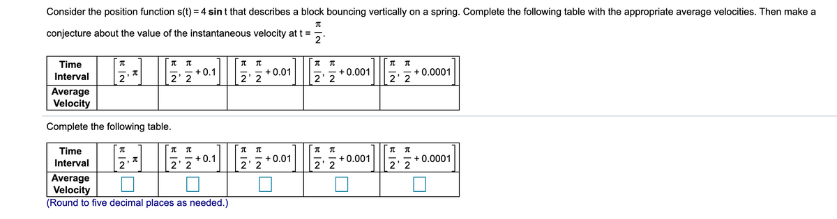 Consider the position function s(t) = 4 sin t that describes a block bouncing vertically on a spring. Complete the following table with the appropriate average velocities. Then make a
conjecture about the value of the instantaneous velocity at t =
2
Time
+ 0.1
2' 2
+ 0.001
+ 0.0001
+ 0.01
Interval
2
2' 2
2'2
2' 2
Average
Velocity
Complete the following table.
Time
IT
+ 0.1
2' 2
+ 0.01
2' 2
+ 0.001
+ 0.0001
Interval
2'2
2' 2
Average
Velocity
(Round to five decimal places as needed.)
