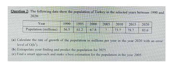 Question 2: The following data show the population of Turkey in the selected years between 1990 and
2020:
Year
1990
1995
2000
2005
2010
2015
2020
Population (millions)
$6.5
61.2
67.8
73.7
78.7
83.6
(a) Calculate the rate of growth of the population in millions per year in the year 2020 with an error
level of O(h).
(b) Extrapolate your finding and predict the population for 2025.
(c) Find a smart approach and make a best estimation for the population in the vear 2005.
