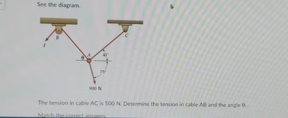See the diagram.
C
F
75
900 N
The tension in cable AC is 500 N. Determine the tension in cable AB and the angle 0.
Match the correct answers
