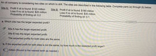 An oil company is considering two sites on which to drill. The sites are described in the foliowing table. Complete parts (a) through (b) below.
Site A Profit if ol is found: $120 million
Loss if no oil is found: $20 million
Probablity of finding oil: 0.2
Site B: Profit if ol is found: $180 million
Loss if no oil is found: $30 milion
Probability of finding oil: 0.1
a. Which site has the larger expected profit?
Site A has the larger expected profit.
Site B has the larger expected profit.
The expected profits for both sites are the same.
b. If the expected profit for both sites is not the same, by how much is the expected profit larger?
milion (Round to the nearest tenth as needed.)
