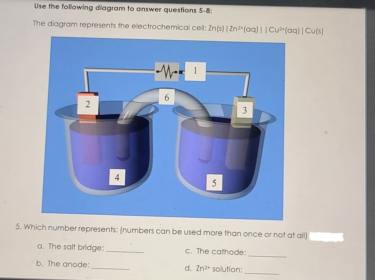 Use the following diagram to answer questions 5-8:
The diagram represents the electrochemical cell: Zn(s) | Zn2+(aq) | | Cu2*(aq) [ Cu(s)
3
4
5
5. Which number represents: (numbers can be used more than once or not at all)
a. The salt bridge:
C. The cathode:
b. The anode:
d. Zn2+ solution:
2.
