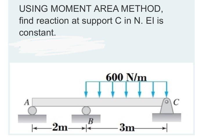 USING MOMENT AREA METHOD,
find reaction at support C in N. El is
constant.
600 N/m
A
C
-3m
