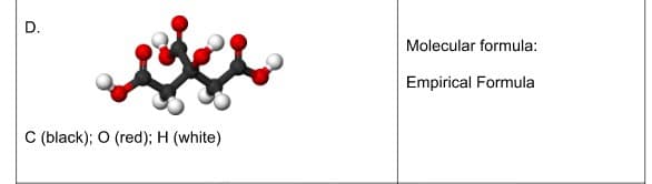D.
Molecular formula:
Empirical Formula
C (black); O (red); H (white)
