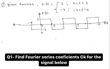 given function, F(t) =
AF (H)
1
M.
3
-3
3
3;
oct 23
-3; -3<+ ²0
9
15
Q1- Find Fourier series coeficients Ck for the
signal below
Pt