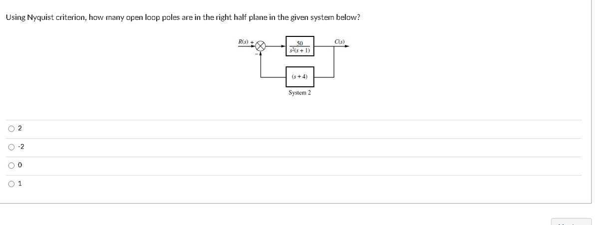 Using Nyquist criterion, how many open loop poles are in the right half plane in the given system below?
R(s)
50
C(s)
s2(s + 1)
(s + 4)
System 2
O 2
O -2
O 1
