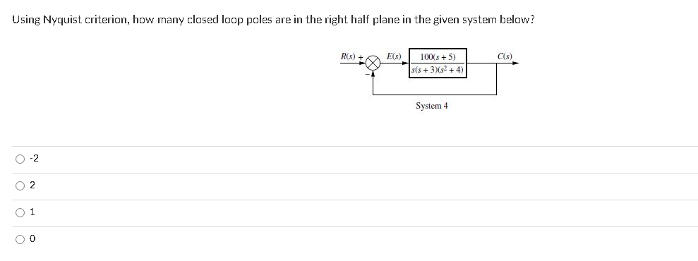 Using Nyquist criterion, how many closed loop poles are in the right half plane in the given system below?
R(s)
E(s)
100(s + 5)
C(s)
s(s + 3)(s2 + 4)
System 4
O -2
O 2
O 1
