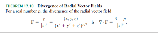 THEOREM 17.10 Divergence of Radial Vector Fields
For a real number p, the divergence of the radial vector field
(x, y, z)
3 — Р
F =
|r| (x² + y? + z?)r/2
is V.F =
%3D
|r|"
