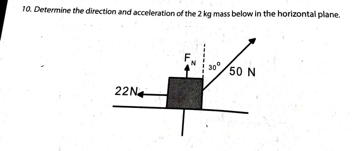 10. Determine the direction and acceleration of the 2 kg mass below in the horizontal plane.
30°
50 N
22N
