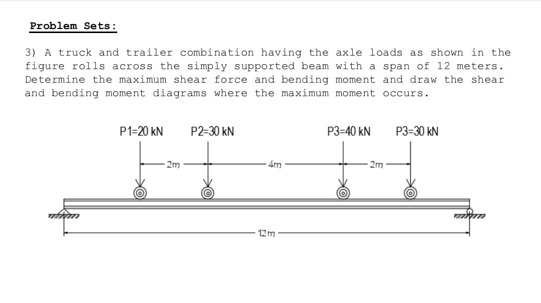 Problem Sets:
3) A truck and trailer combination having the axle loads as shown in the
figure rolls across the simply supported beam with a span of 12 meters.
Determine the maximum shear force and bending moment and draw the shear
and bending moment diagrams where the maximum moment occurs.
whim
P3=40 KN
4m
HH₂
P1=20 kN
2m
P2=30 kN
12m
2m
P3=30 kN