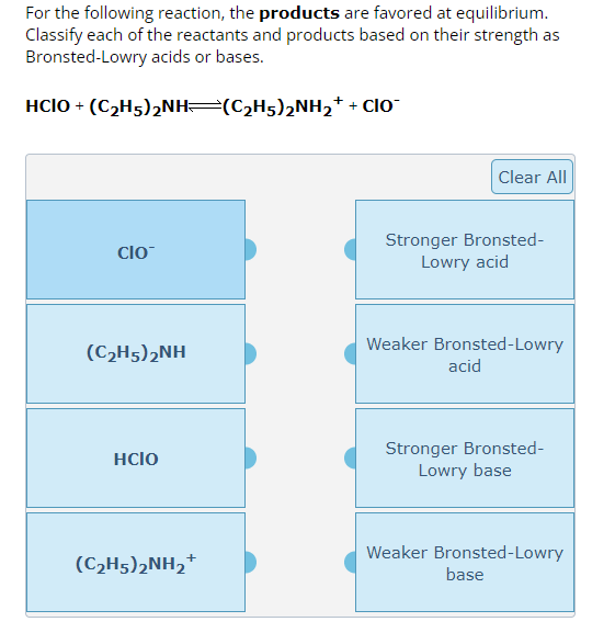 For the following reaction, the products are favored at equilibrium.
Classify each of the reactants and products based on their strength as
Bronsted-Lowry acids or bases.
HCIO + (C₂H5)₂NH—(C₂H5)2NH₂+ + CIO
clo
(C₂H5)2NH
HCIO
(C₂H5)2NH₂+
Clear All
Stronger Bronsted-
Lowry acid
Weaker Bronsted-Lowry
acid
Stronger Bronsted-
Lowry base
Weaker Bronsted-Lowry
base