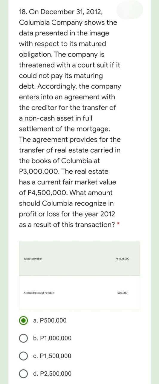 18. On December 31, 2012,
Columbia Company shows the
data presented in the image
with respect to its matured
obligation. The company is
threatened with a court suit if it
could not pay its maturing
debt. Accordingly, the company
enters into an agreement with
the creditor for the transfer of
a non-cash asset in full
settlement of the mortgage.
The agreement provides for the
transfer of real estate carried in
the books of Columbia at
P3,000,000. The real estate
has a current fair market value
of P4,500,000. What amount
should Columbia recognize in
profit or loss for the year 2012
as a result of this transaction? *
Notes payable
P5.000,000
Accrued Interest Payable
500,000
a. P500,000
b. P1,000,000
c. P1,500,000
d. P2,500,000
