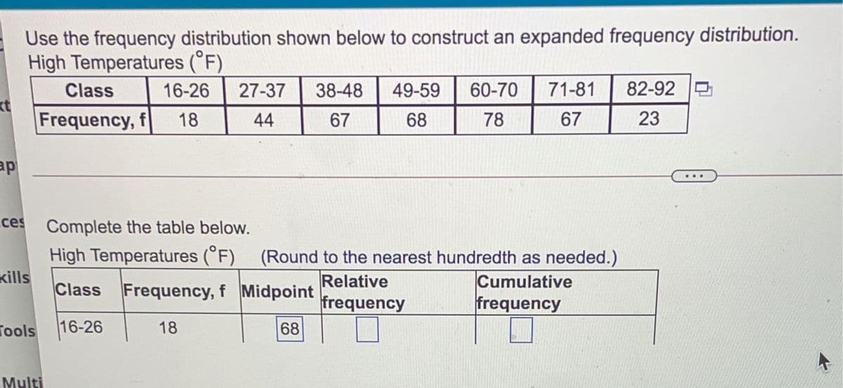 Use the frequency distribution shown below to construct an expanded frequency distribution.
High Temperatures (°F)
Class
16-26
27-37
38-48
49-59
60-70
71-81
82-92 P
xt
Frequency, f
18
44
67
68
78
67
23
ap
ces Complete the table below.
kills
Class Frequency, f Midpoint
High Temperatures (°F) (Round to the nearest hundredth as needed.)
Relative
frequency
Cumulative
frequency
Tools
16-26
18
68
Multi
